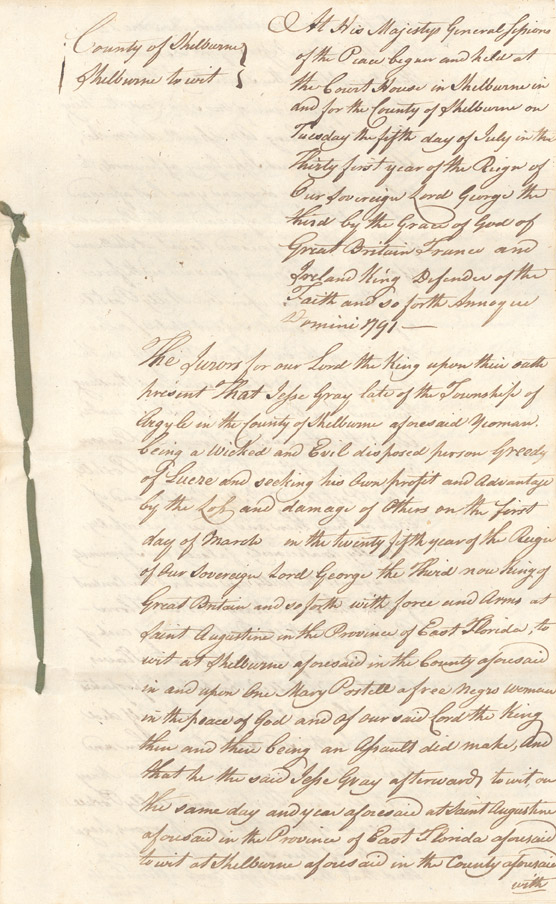 <i>R. v. Gray</i> (indictment of Jesse Gray for selling Mary Postell as a slave and kidnapping Flora Postell her daughter)