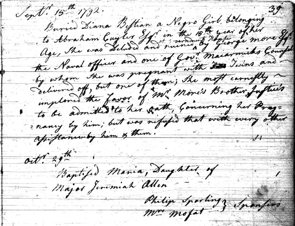 africanns : Burial record of Diana Bustian, slave of Adam Cuyler, Sydney