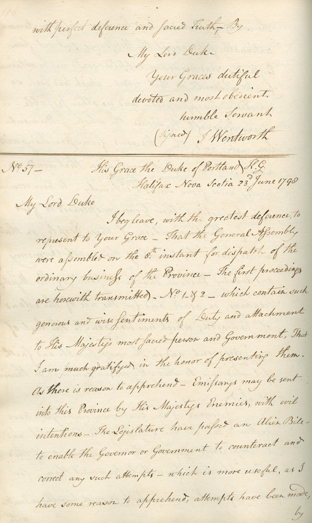 Letter from Sir John Wentworth to the Duke of Portland