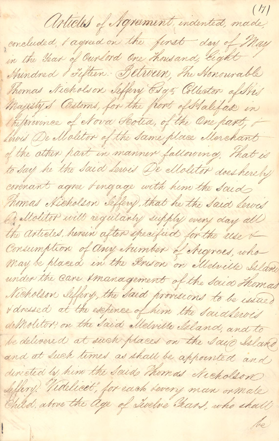 Contract between Lewis DeMolitor and the collector of customs for the port of Halifax to supply provisions for black refugees