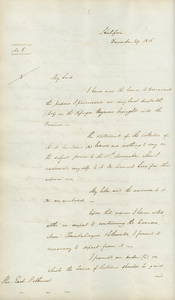 Letter From Lord Dalhousie to Earl Bathurst about the black refugees