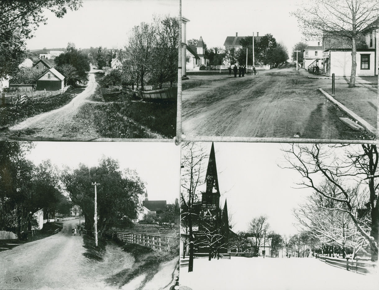 Four Hantsport, Nova Scotia views; top right – street scene with ice cream parlour at right; bottom right – Main Street (for complete view see no. 15 above); bottom left – street scene showing Willow Bridge; top left – street scene. 