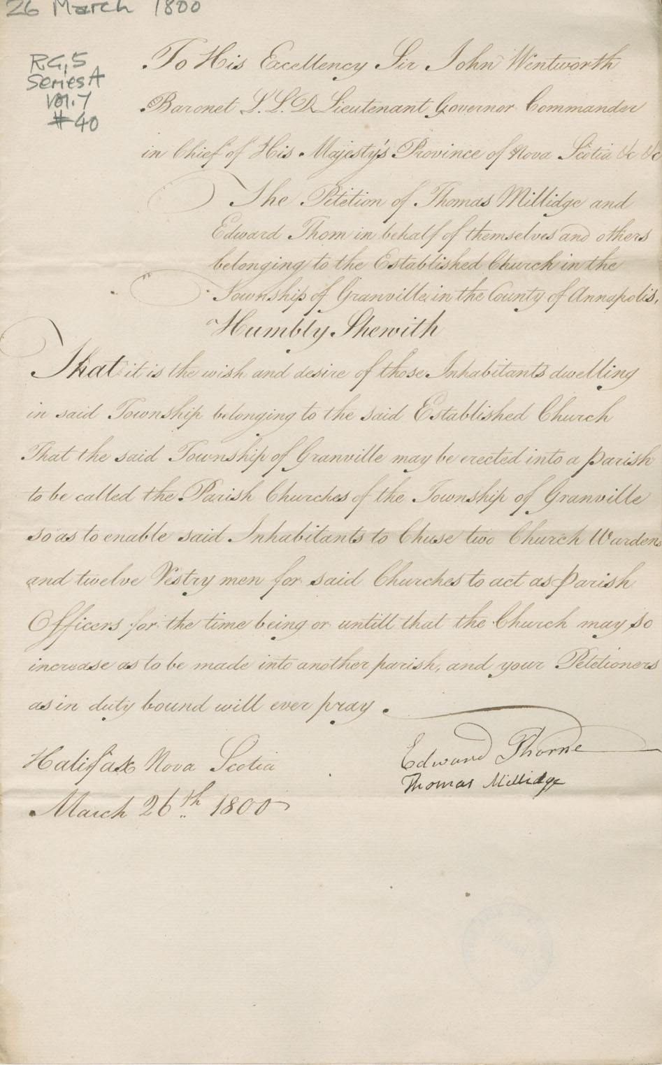 assembly : Petition of Thomas Millidge and Edward Thorne for the establishment of Granville Township as a parish