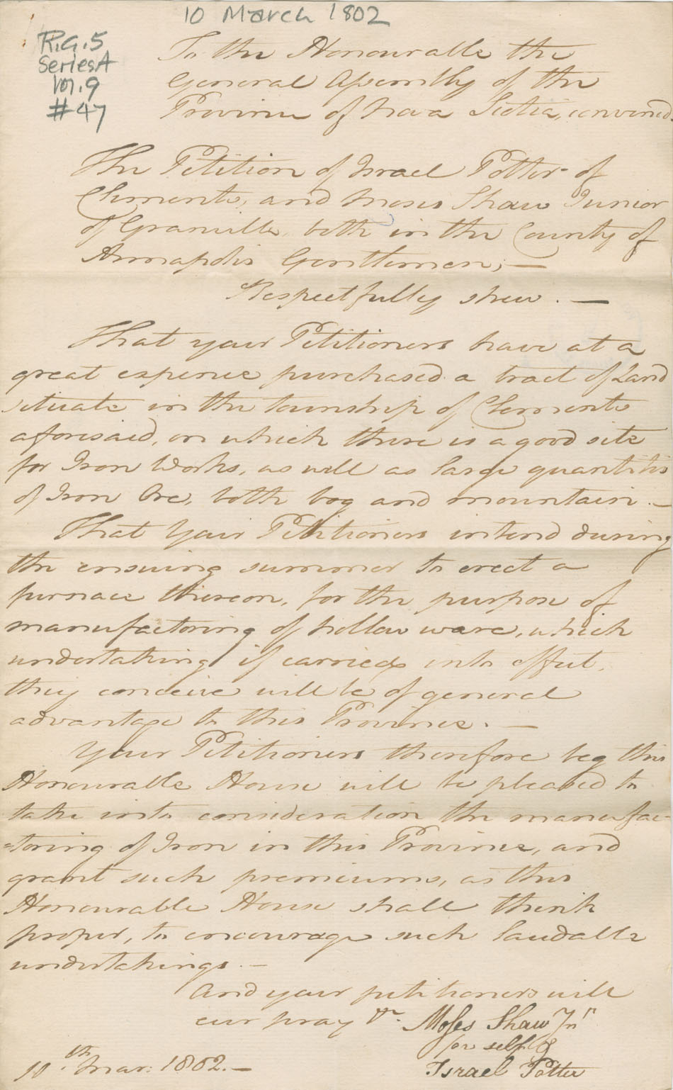 assembly : Petition of Israel Potter of Clements and Moses Shaw, junior, of Granville for money to help build a furnace for the manufacture of iron.