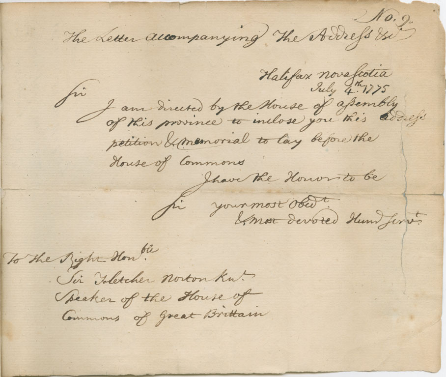 assembly : Draft of a letter to the Speaker of the House of Commons, accompanying an address, petition and memorial to the King and Parliament. Unsigne