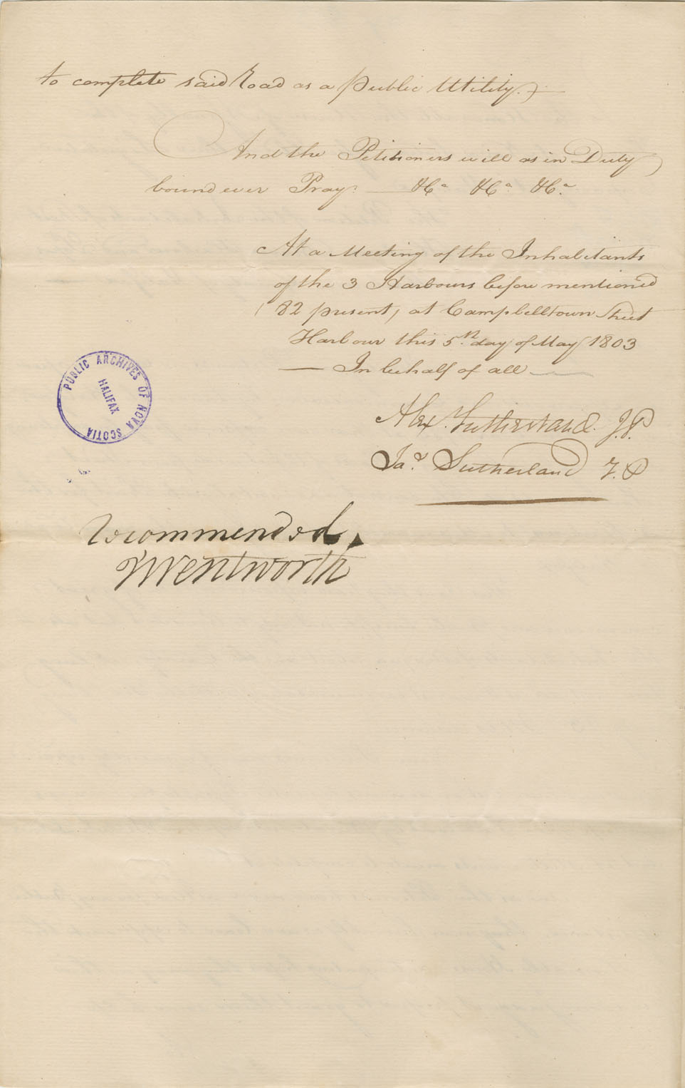 assembly : Petition of Alexander and James Sutherland on behalf of inhabitants of Sheet Harbour, Beaver Harbour and Pope’s Harbour, asking for aid in o