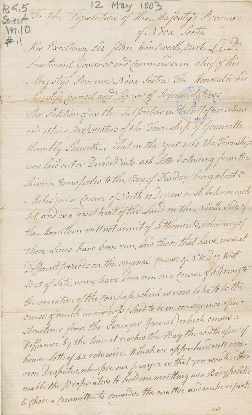 assembly : Petition of Josiah Dodge and other inhabitants of the Township of Granville, asking that the legislature enable the proprietors to hold a me