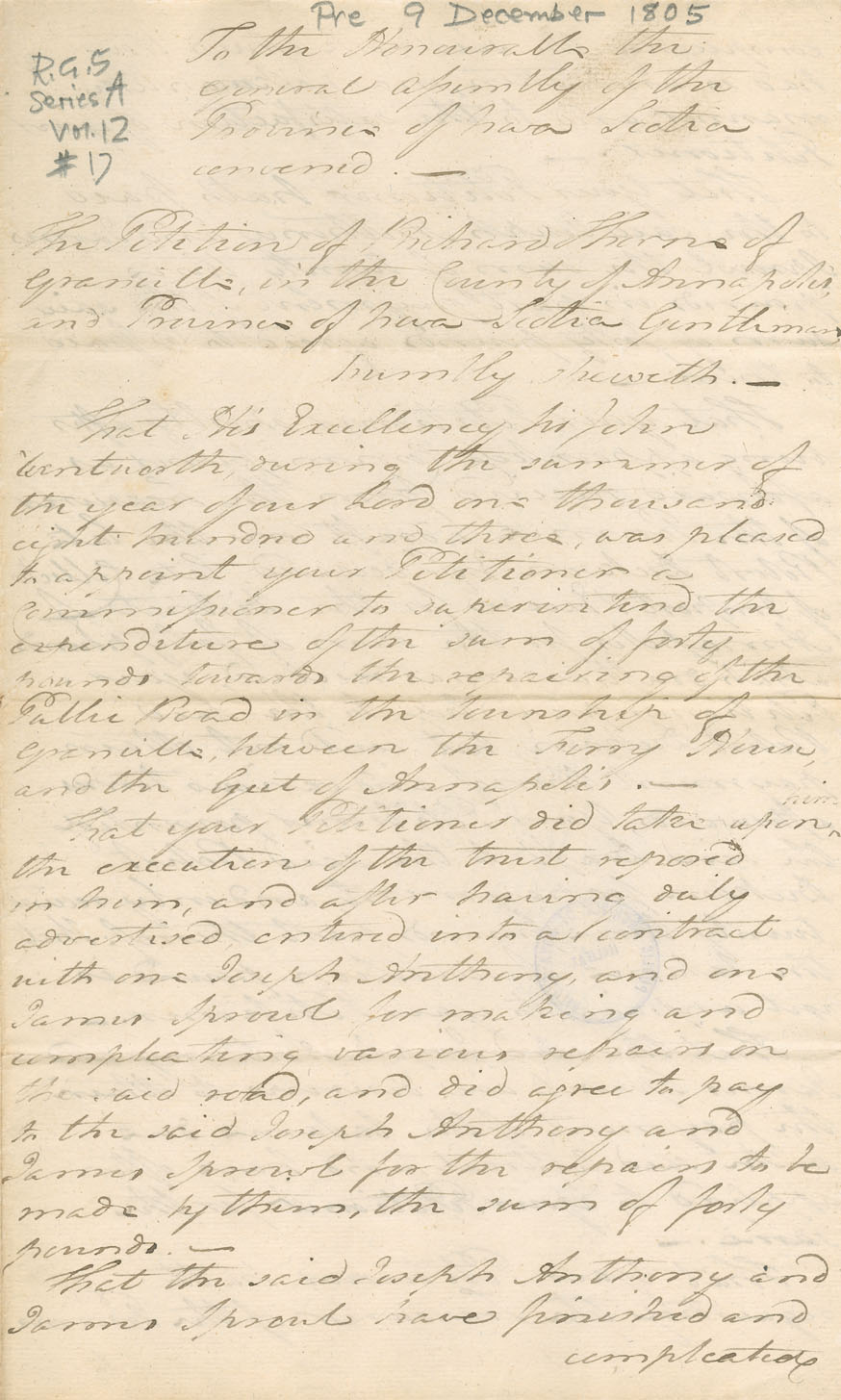 assembly : Petition of Richard Thorne of Granville, stating his services as commissioner for repairing the public road between the Ferry House and the 