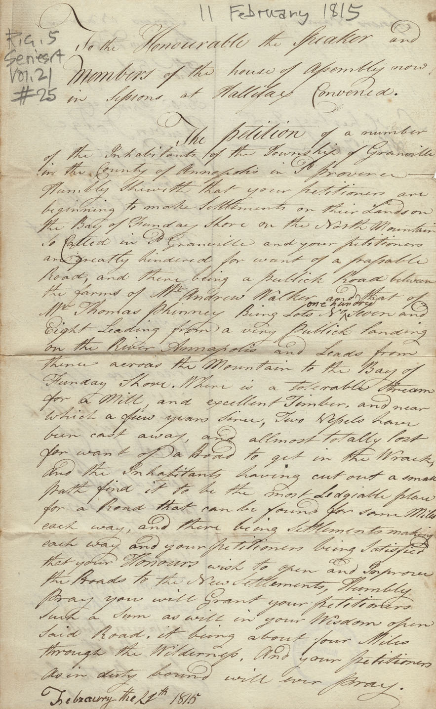 assembly : Petition of Benjamin Dodge and other inhabitants of Granville township, asking for a grant for a road to connect their settlement on the Bay