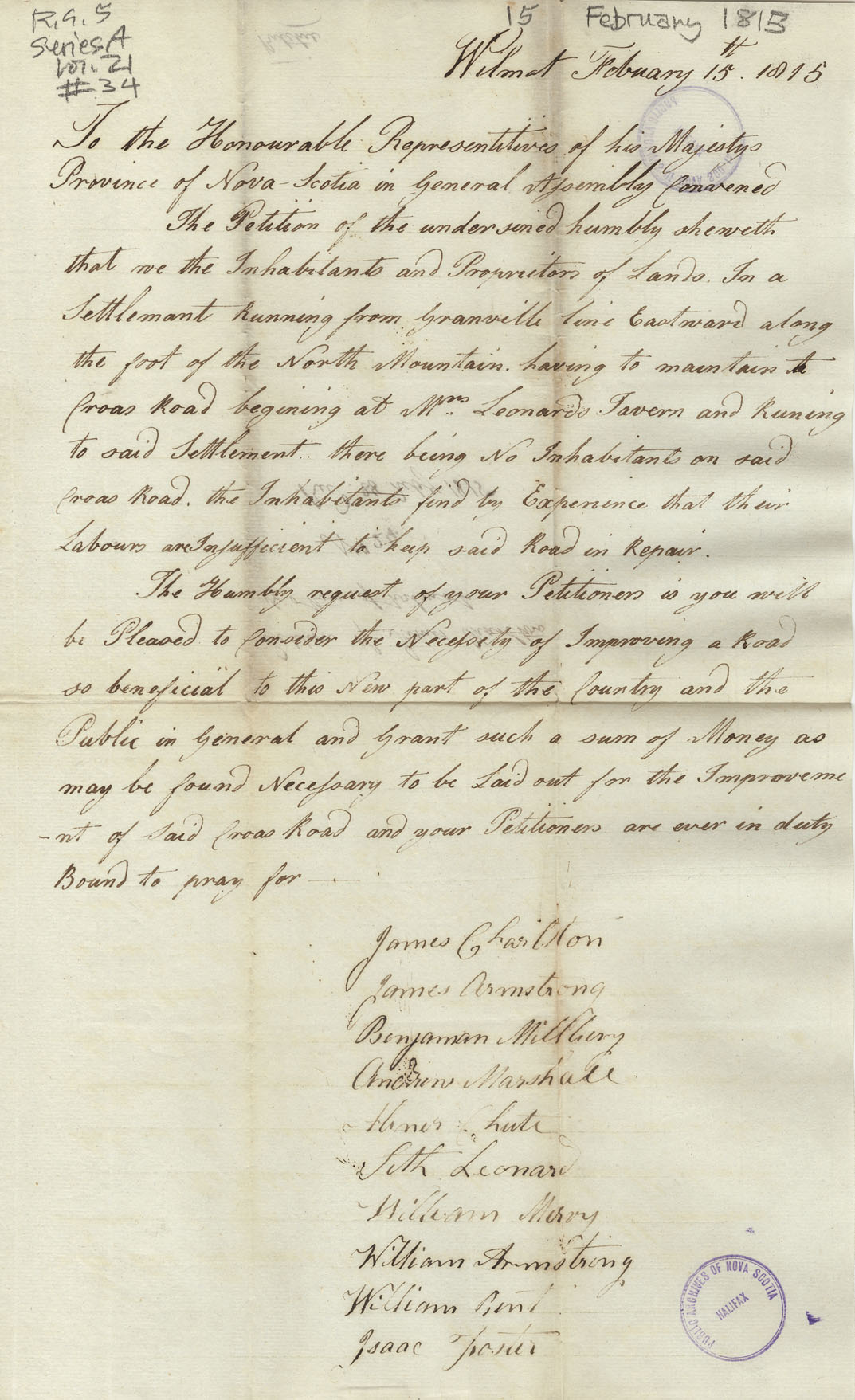 assembly : Petition of James Charlton and other inhabitants of a settlement in the township of Granville, asking for a grant to help them maintain the 