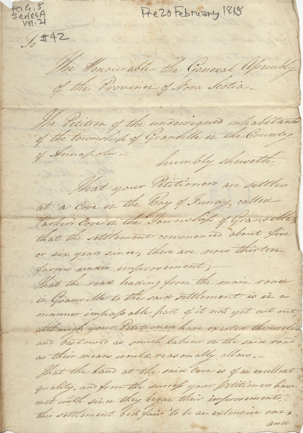 assembly : Petition of Valentine Troop and other settlers in Parker’s Cove, in Granville Township, on the Bay of Fundy, asking for a grant to help them