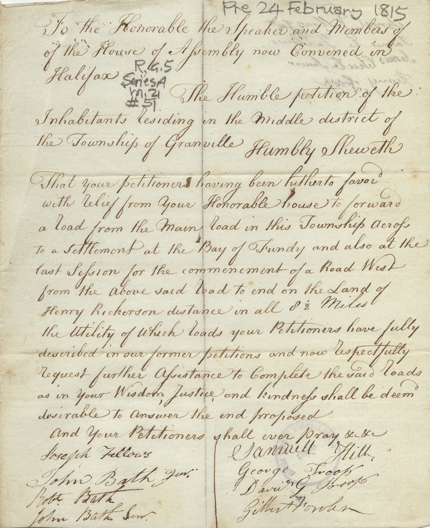 assembly : Petition of Joseph Fellows and other inhabitants of the middle district of Granville, asking for further aid in improving the road from the 