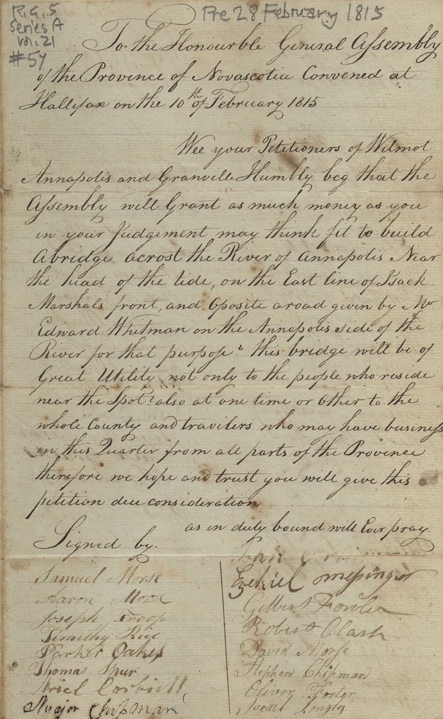 assembly : Petition of Samuel Morse and other inhabitants of Wilmot, Annapolis and Granville, asking for a grant for building a bridge across the Annap