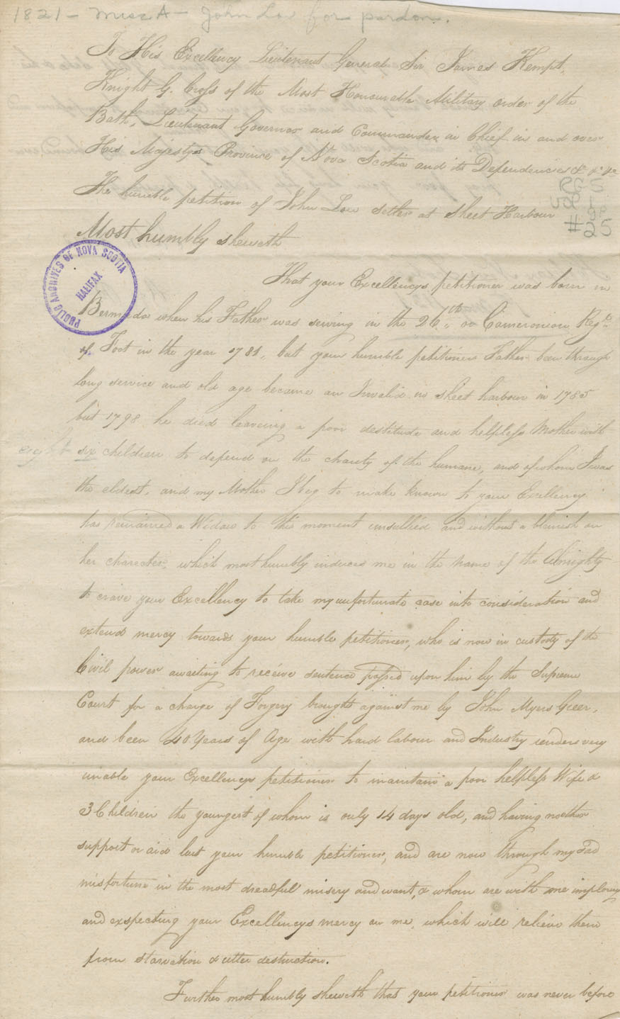 assembly : Petition of John Low, Sheet Harbour, native of Bermuda, for pardon of charge of forgery brought against him by John Myers Geer.