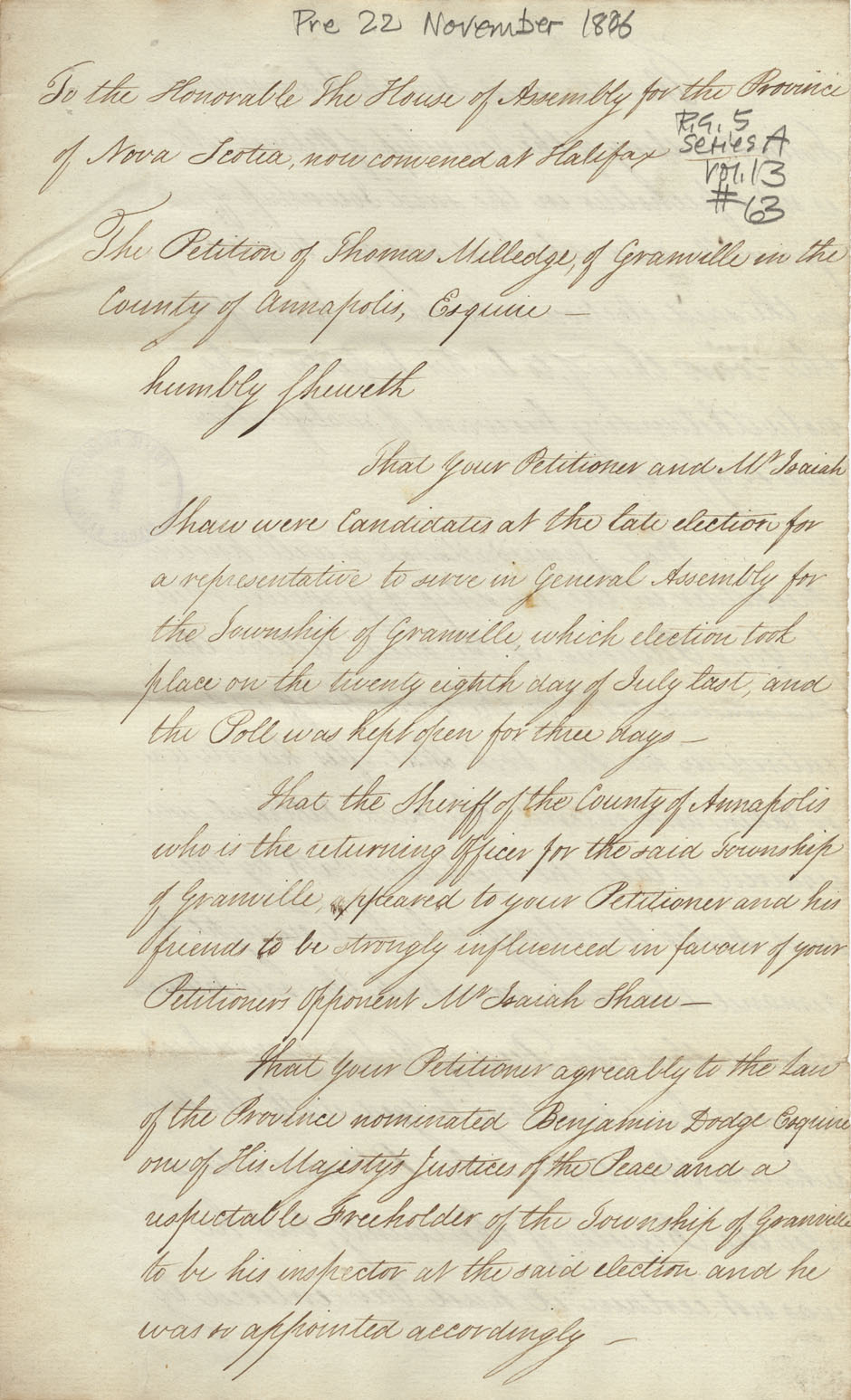 assembly : Petition of Thomas Milledge of Granville protesting against the election of Isaiah Shaw on the ground that several of those who voted for hi