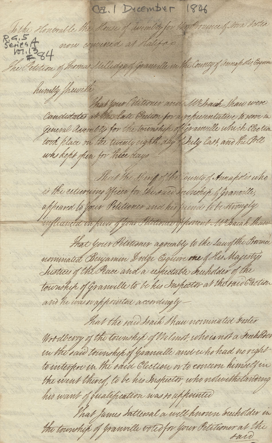 assembly : Petition of Thomas Milledge of Annapolis protesting against the election of Isaiah Shaw and enclosing the scrutiny for the polls at Granvill
