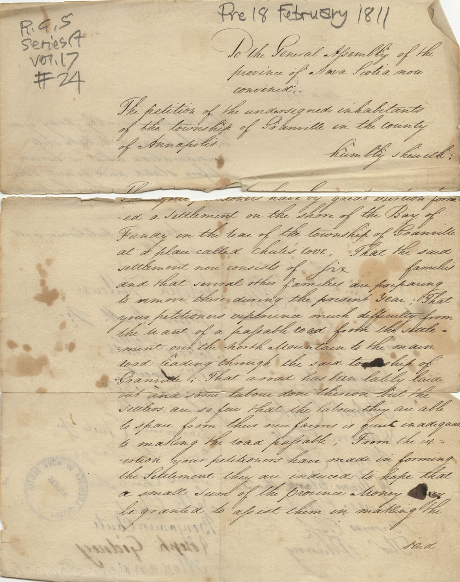 assembly : Petition of Benjamin Dodge and others of the Township of Granville, stating that they have formed a settlement on the Bay of Fundy in the to