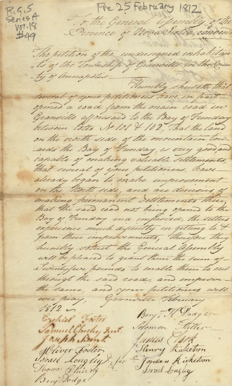 assembly : Petition of Ezekiel Foster and other inhabitants of Granville Township, stating that they are making settlements on the Bay of Fundy shore, 