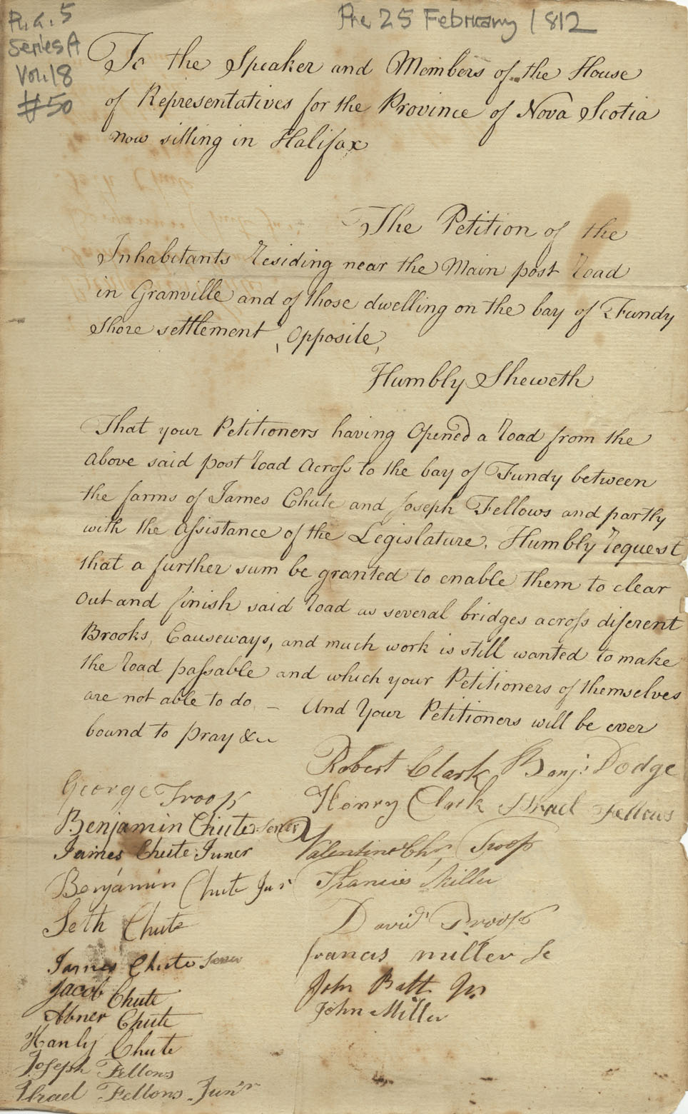 assembly : Petition of George Troop and other inhabitants near the post road in Granville and the settlements on the Bay of Fundy shore, asking for a f