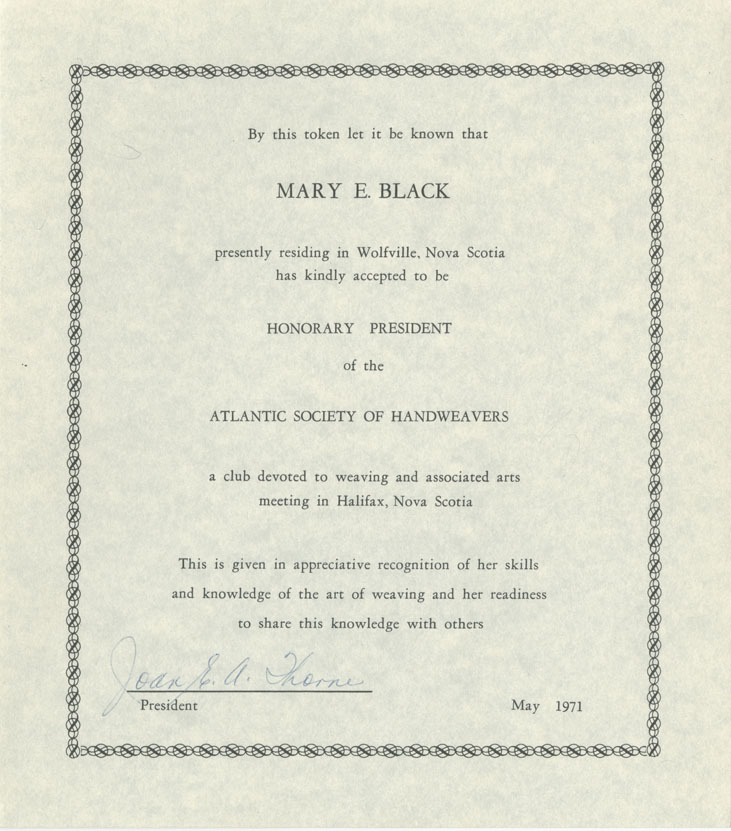 Atlantic Society of Handweavers Honorary President 