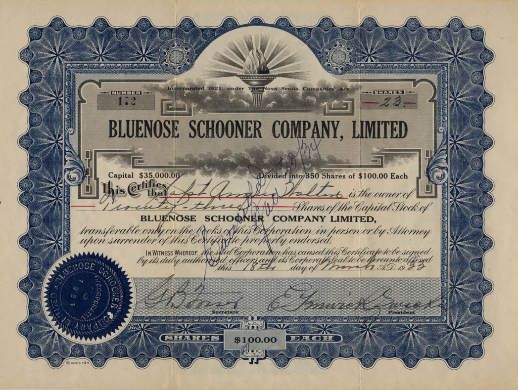 Share Certificate, Bluenose Schooner Company, Limited