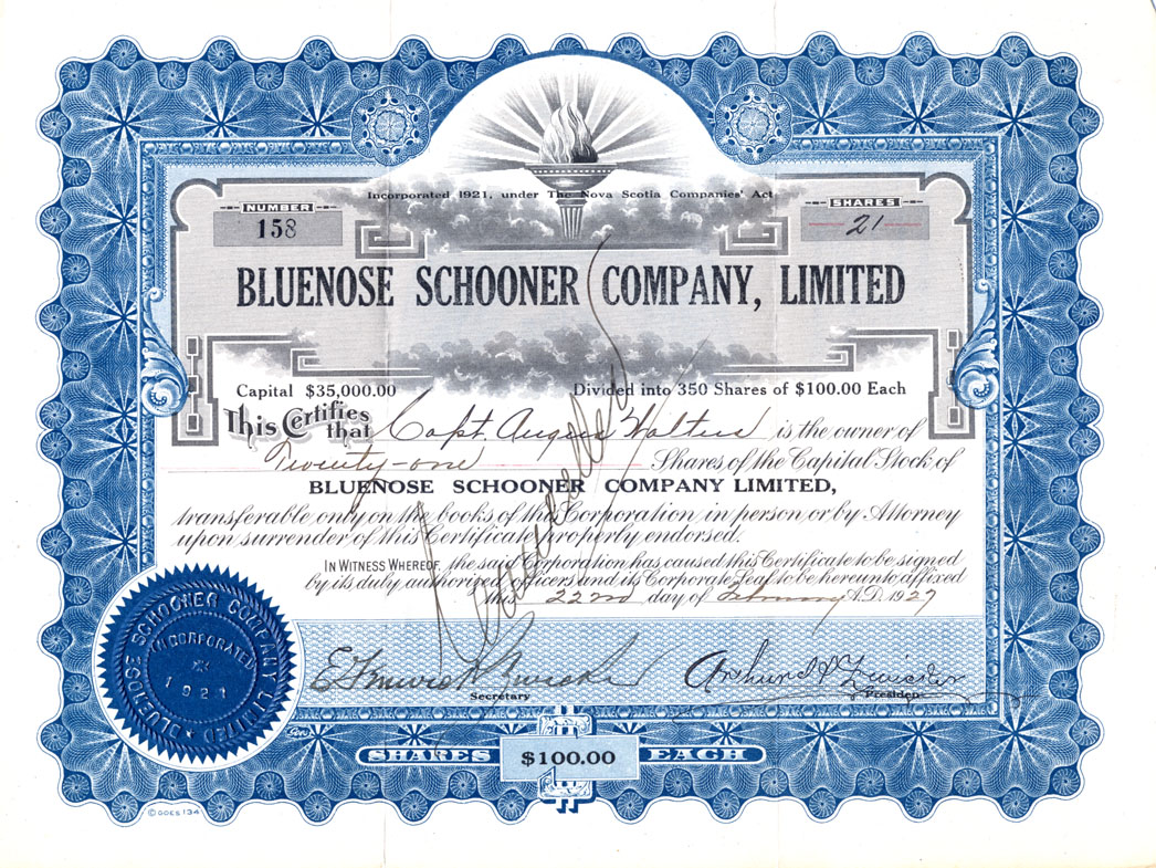 Share Certificate, Bluenose Schooner Company, Limited