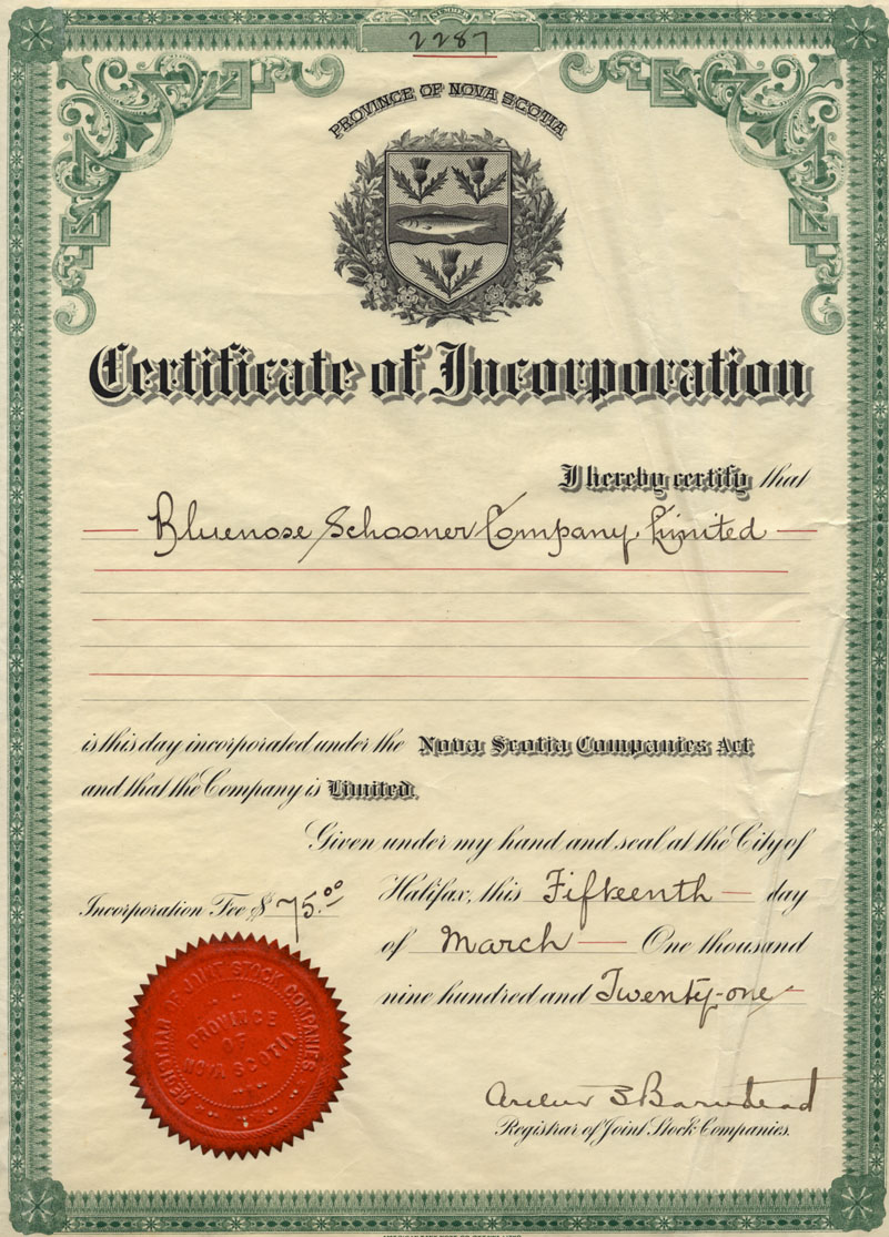 Certificate of Incorporation, Bluenose Schooner Company, Limited