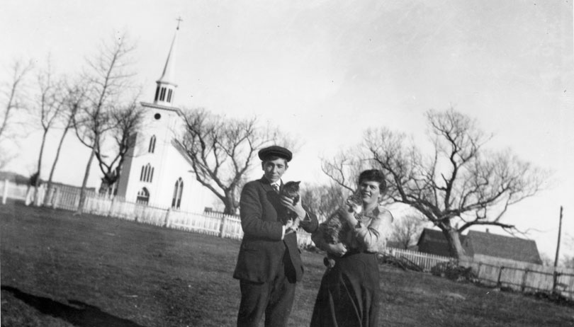 Miss Tompkins and a man with their cats, Guysborough, N.S.