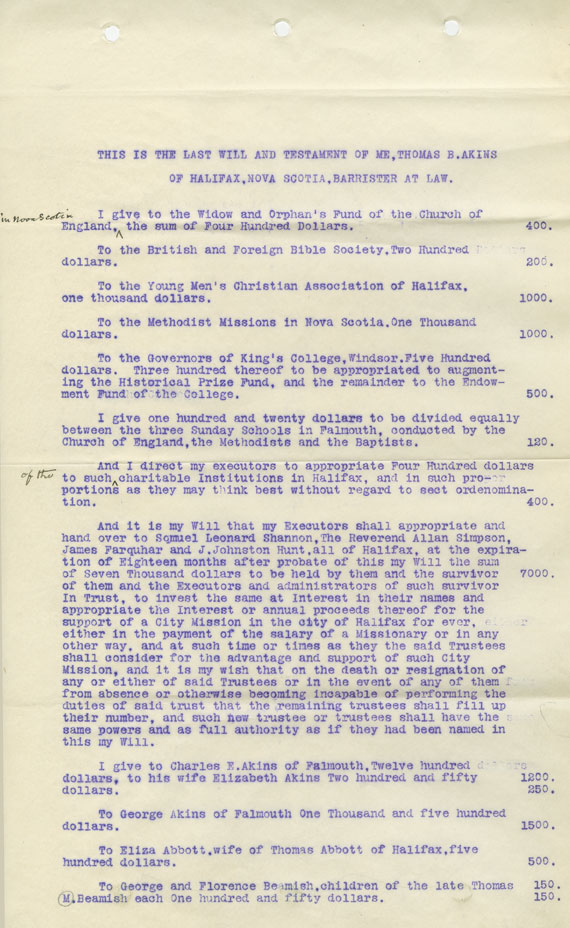 Copy of Will of Thomas Beamish Akins, Halifax, NS