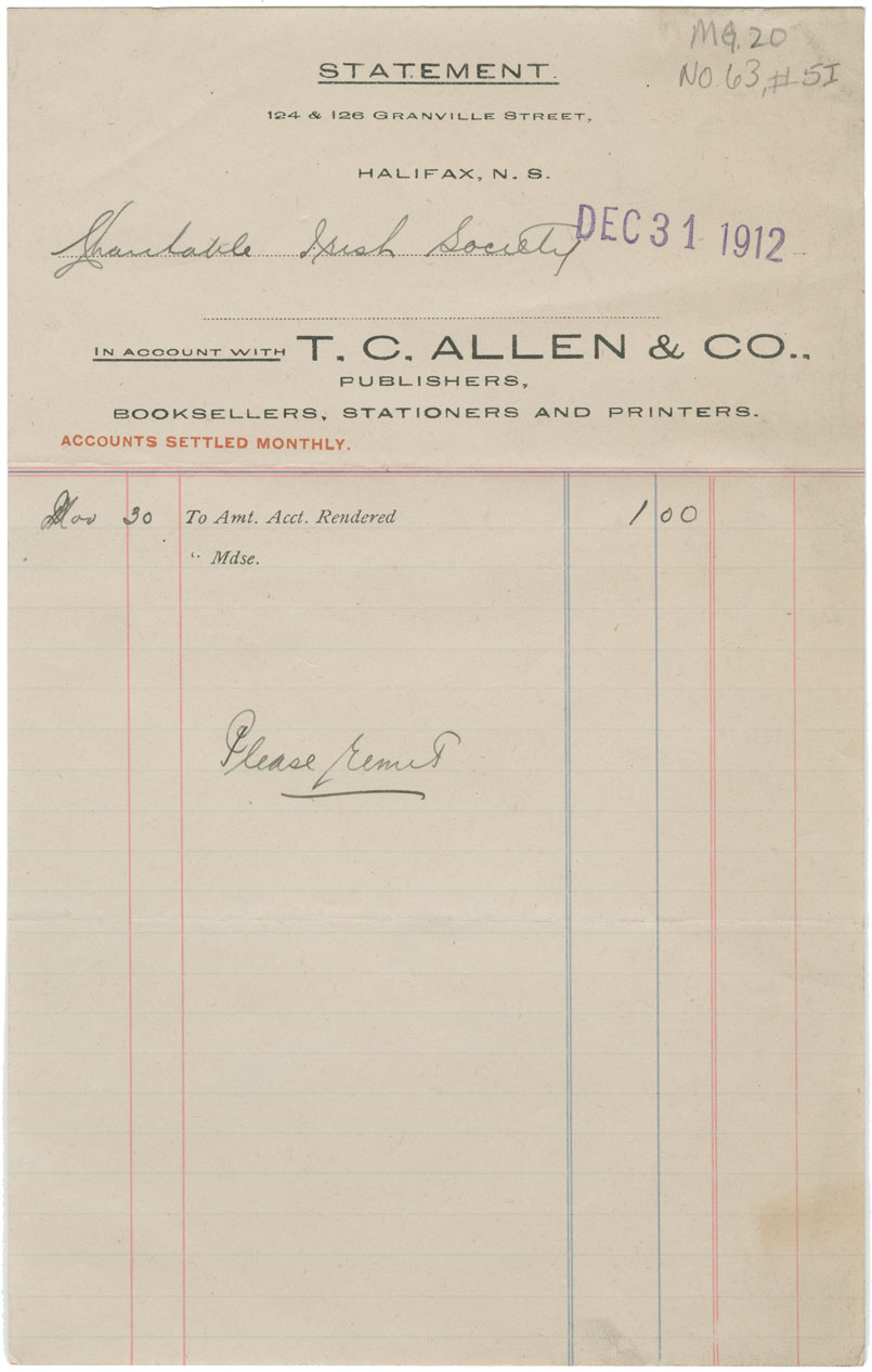 charitable-irish-society : Invoice from T.C. Allen & Co., 124 & 126 Granville Street, Halifax, to Charitable Irish Society