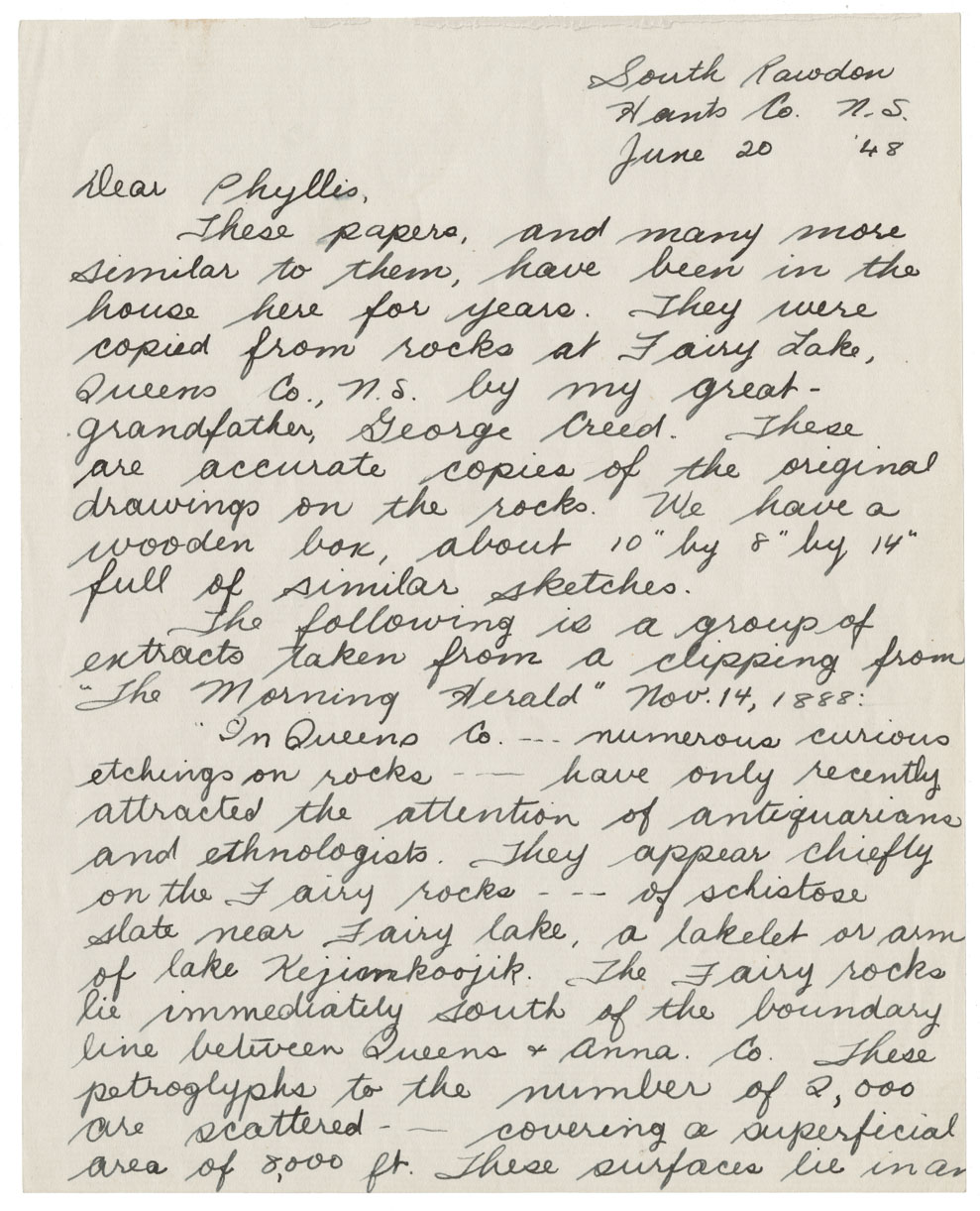 creed : Correspondence between Helen Lawson (Mrs. Leslie Haley) to Phyllis R. Blakley concerning donation of the petroglyphs