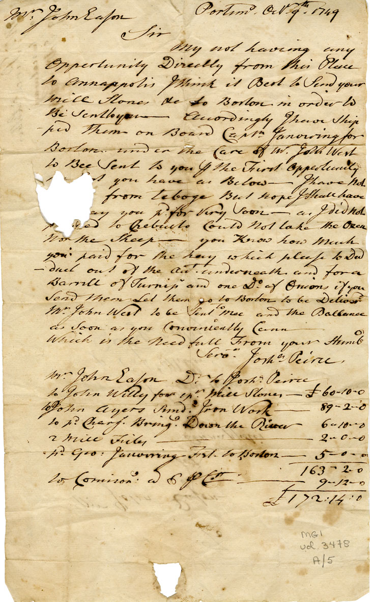 Letter, Joshua Peirce, Portsmouth, to John Easson
