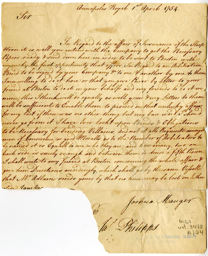 Letter, Joshua Mauger, Annapolis Royal, to Major Philipps