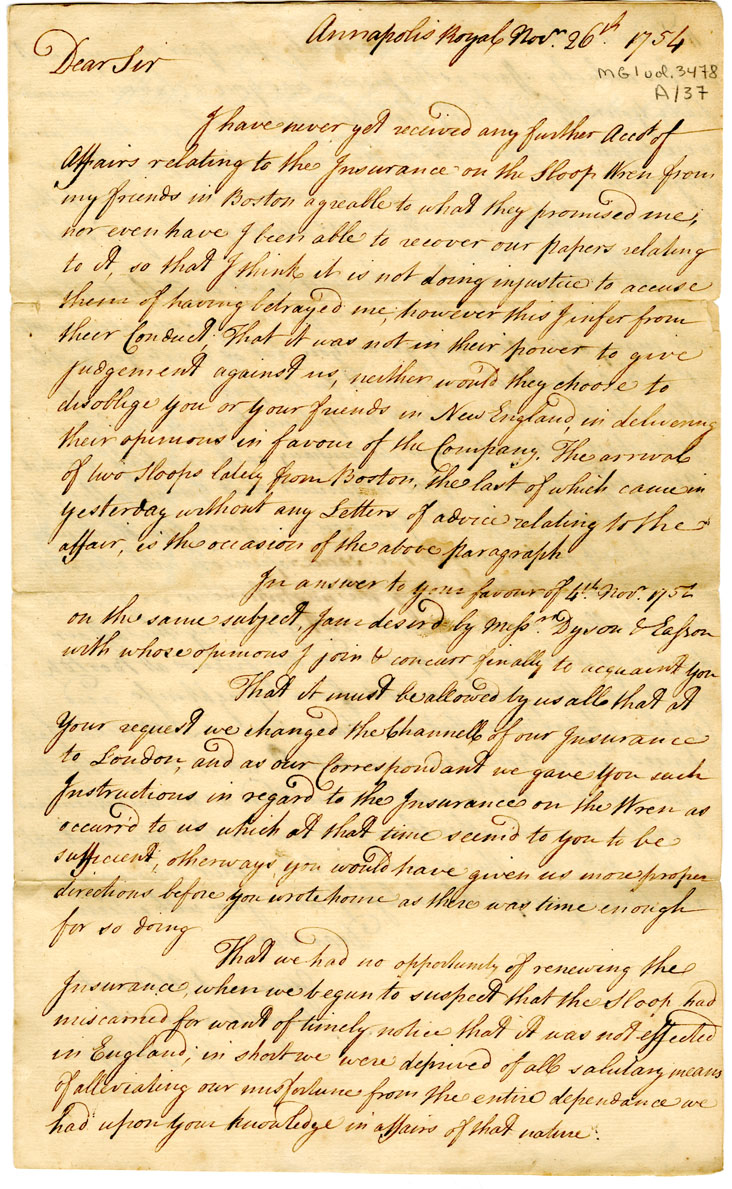 Letter, Major Erasmus J. Philipps, Annapolis Royal, to Joshua Mauger