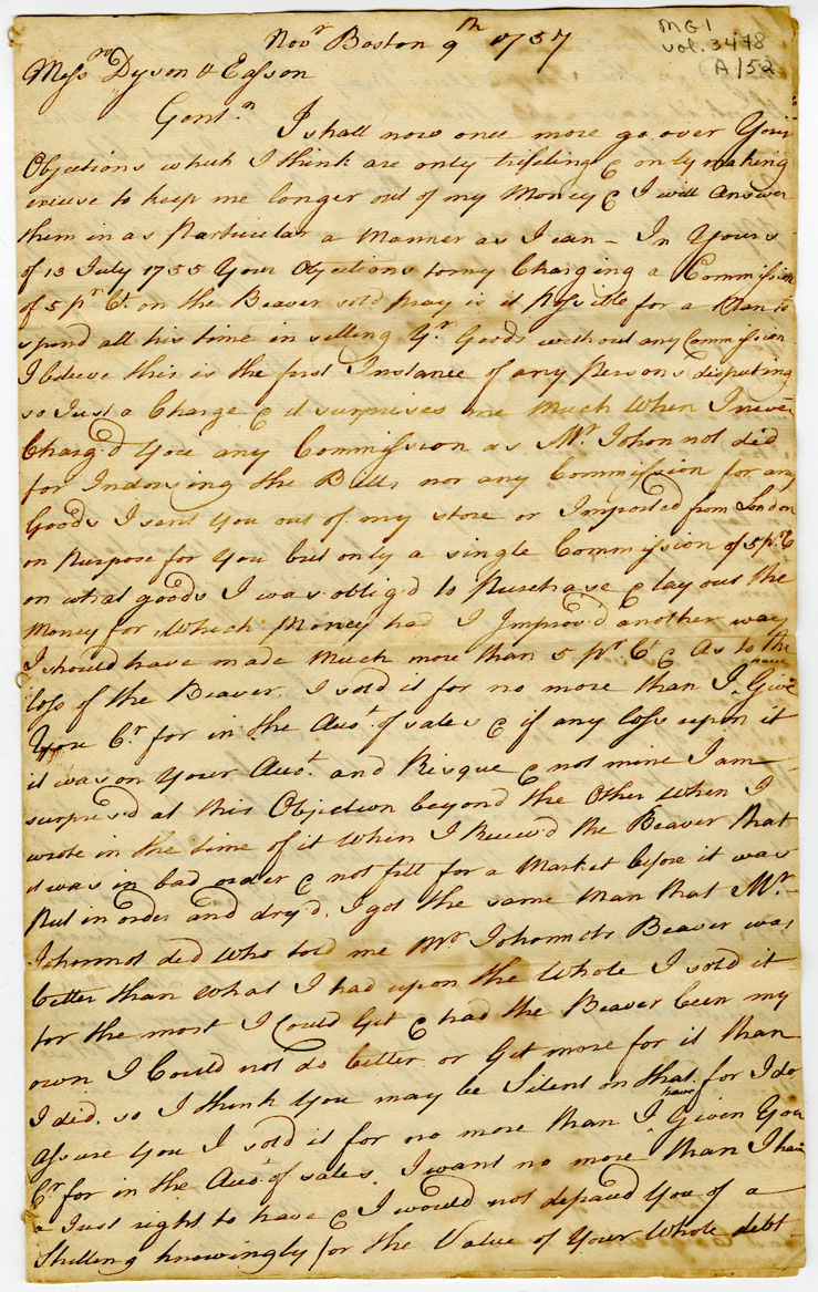 Letter, Benjamin Hallowell, Boston, to Dyson & Easson