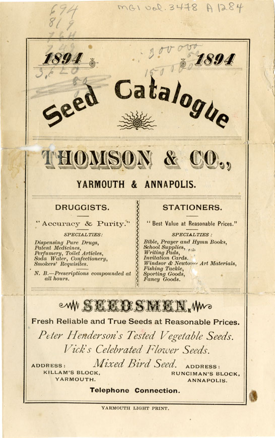 Seed Catalogue, Thomson & Co., Yarmouth & Annapolis