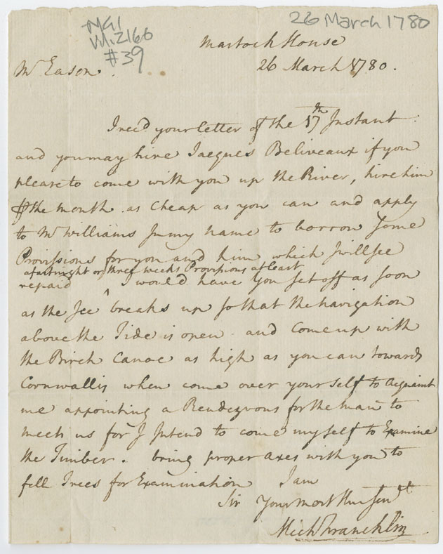 Letter, Michael Francklin, Martock House, to David Easson