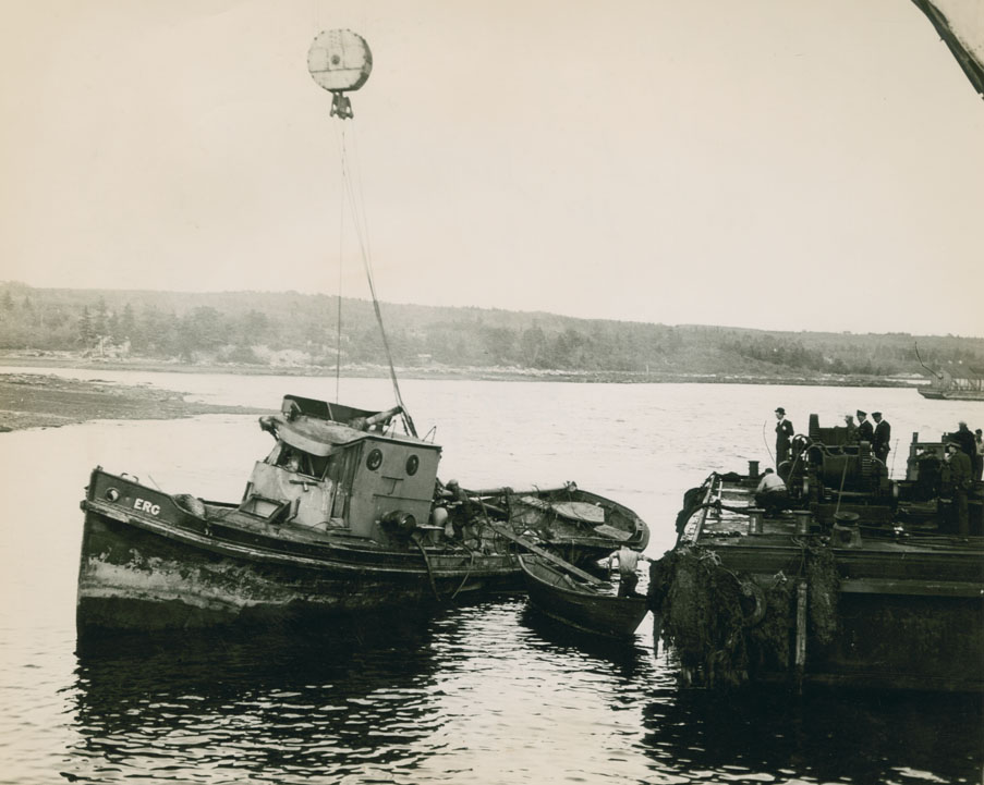 Tug <i>ERG</i> after being raised from the bottom of the Bedford Basin