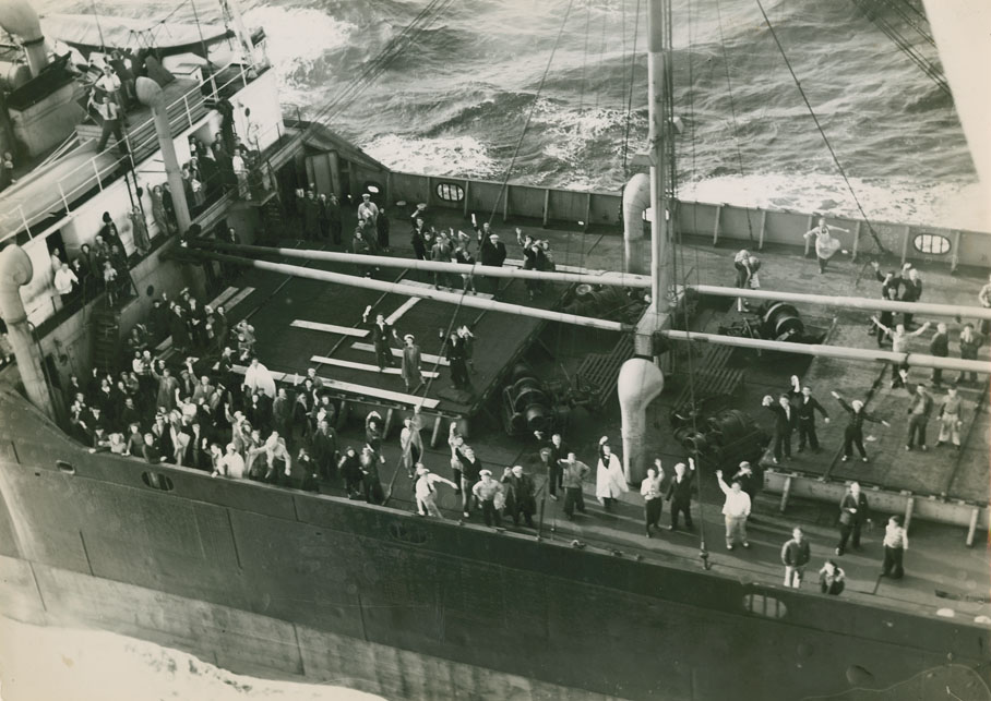 Aerial View of Passengers and Crew of the Torpedoed SS <i>Athenia</i> on the deck of the <i>City of Flint</i>