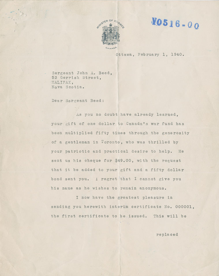 Letter of Thanks to Sergeant John A. Beed from the Ministry of Finance for His Purchase of a War Bond