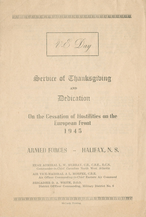Programme from 'Service of Thanksgiving and Dedication On the Cessation of Hostilities on the European Front'
