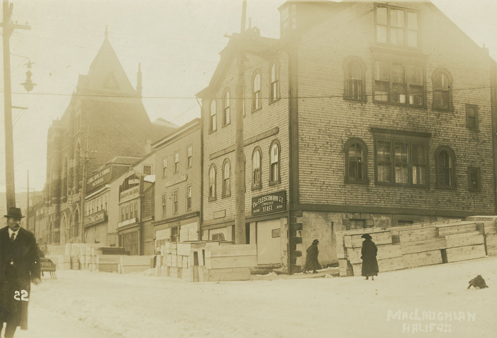 explosion : Argyle Street at the corner of George Street, Halifax, showing pine coffins supplied to Snow & Co., Undertakers, second building from right,