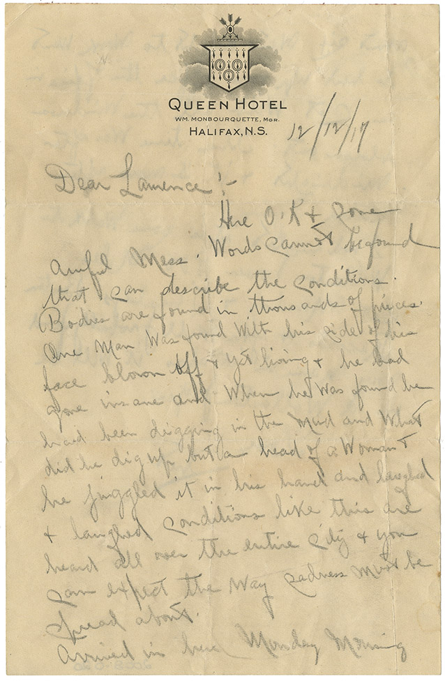 explosion : Letter from Chester Brown to Lawrence, 12 December 1917