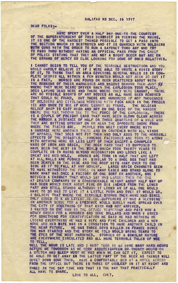 explosion : Letter from Chester Brown to Folks in United States, 16 December 1917