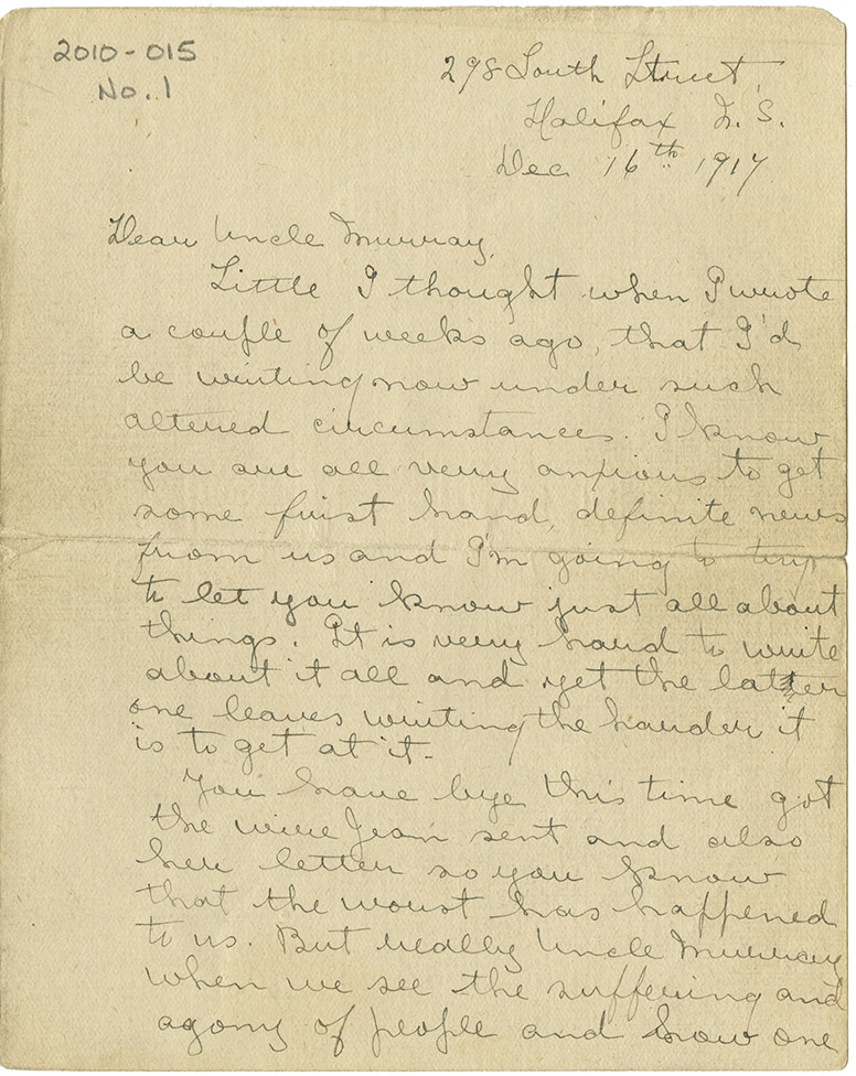 explosion : Letter from Ethel Jane Bond to Murray Kellough, 16 December 1917
