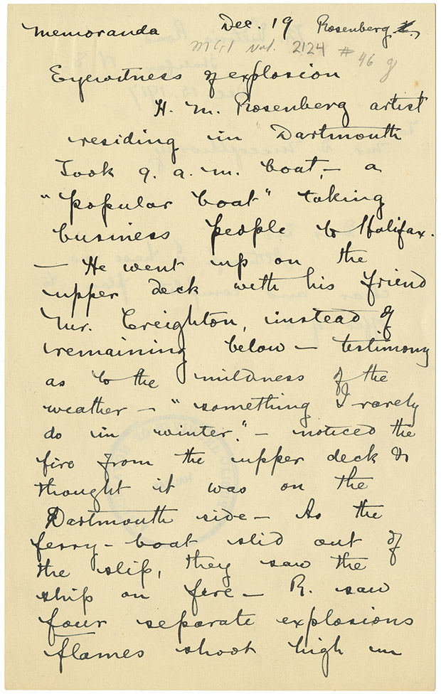 explosion : Personal Narrative given by H.M. Rosenberg, Dartmouth to Archibald MacMechan