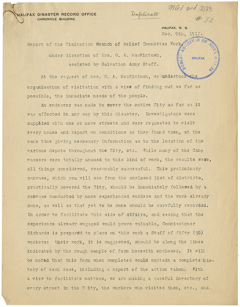 explosion : Report of the Visitation Branch of Relief Committee Work by Mrs. G.A. McKintosh assisted by Salvation Army Staff