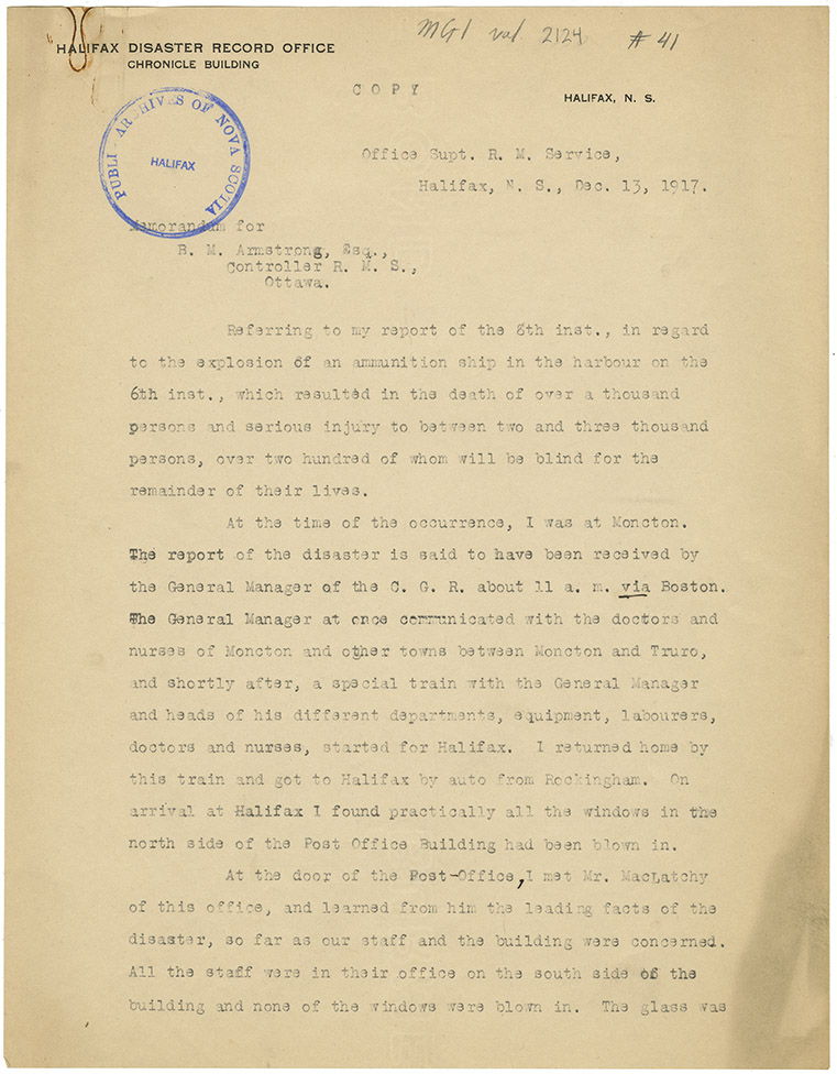 explosion : Memorandum for B.M. Armstrong, Controller, R.M.S. Ottawa from Office Supt. R.M. Services, Halifax, N.S. December 13, 1917