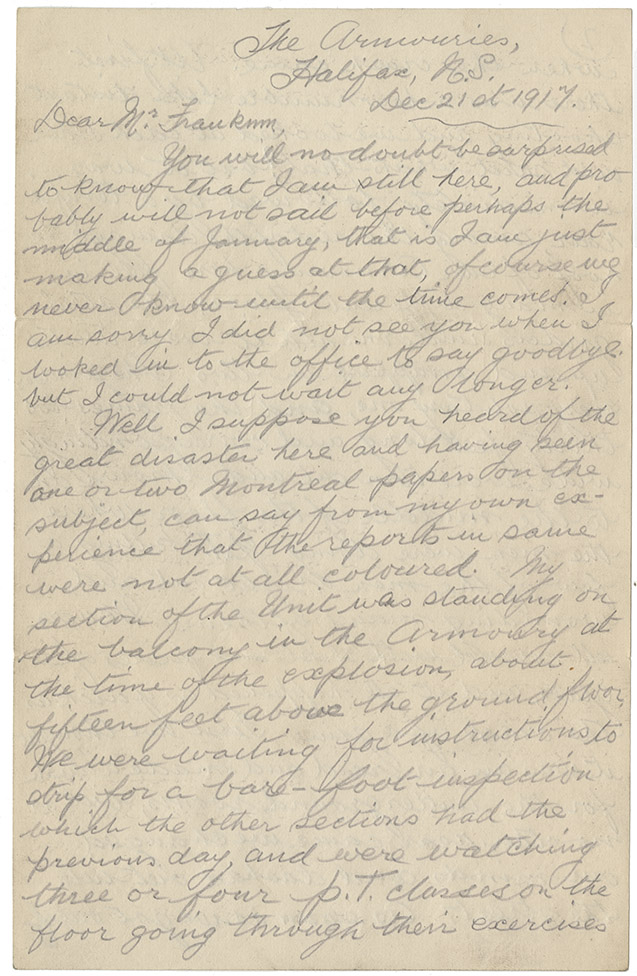 explosion : Letter from Pte. J. Settle, Halifax to Mr. F. Frankum, Montreal, 21 December 1917