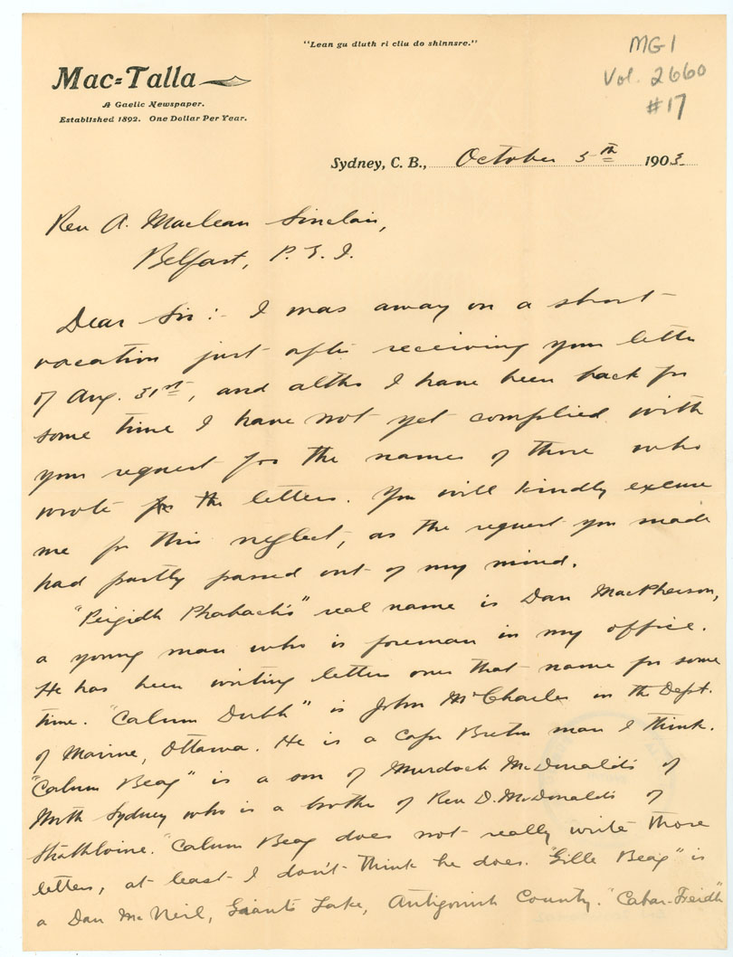 Letter from J. G. MacKinnon, Sydney